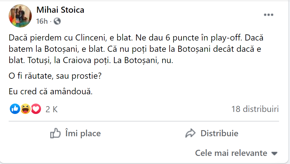 Mihai Stoica a răbufnit pe Facebook dupa Botoșani 0-2 FCSB