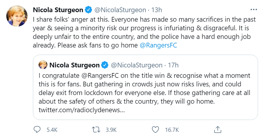 Prim-ministrul Scoției, Nicola Sturgeon, a intervenit în scandalul creat de sărbătoarea suporterilor lui Glasgow Rangers