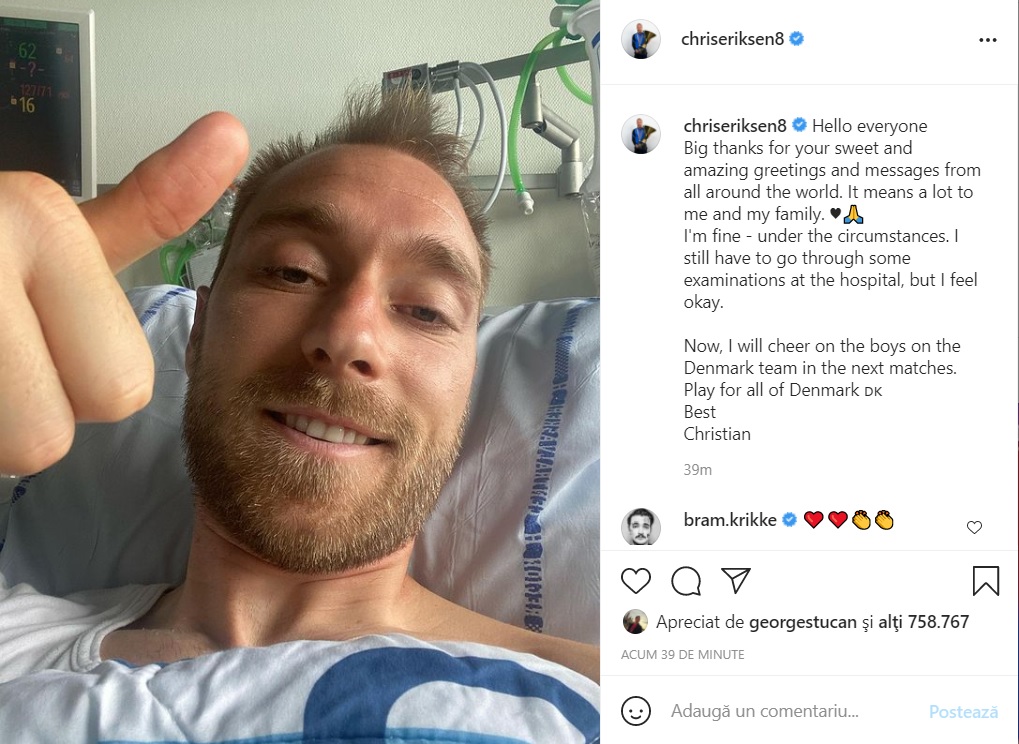 Christian Eriksen și-a asigurat fanii că se simte bine printr-o postare pe Instagram