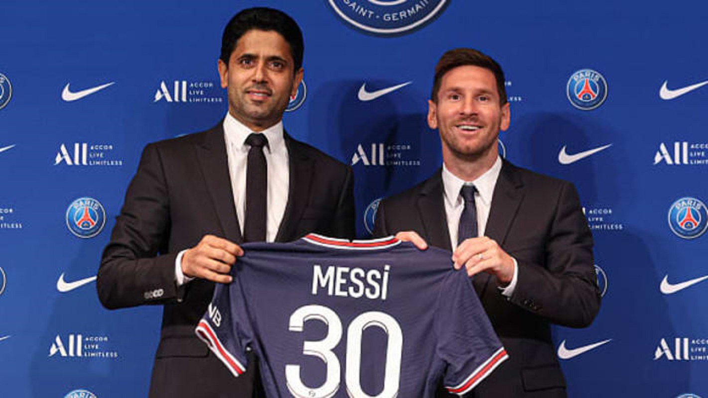 Al Khelaifi, alături de Messi, în momentul prezentării oficiale la PSG, în vara lui 2021 