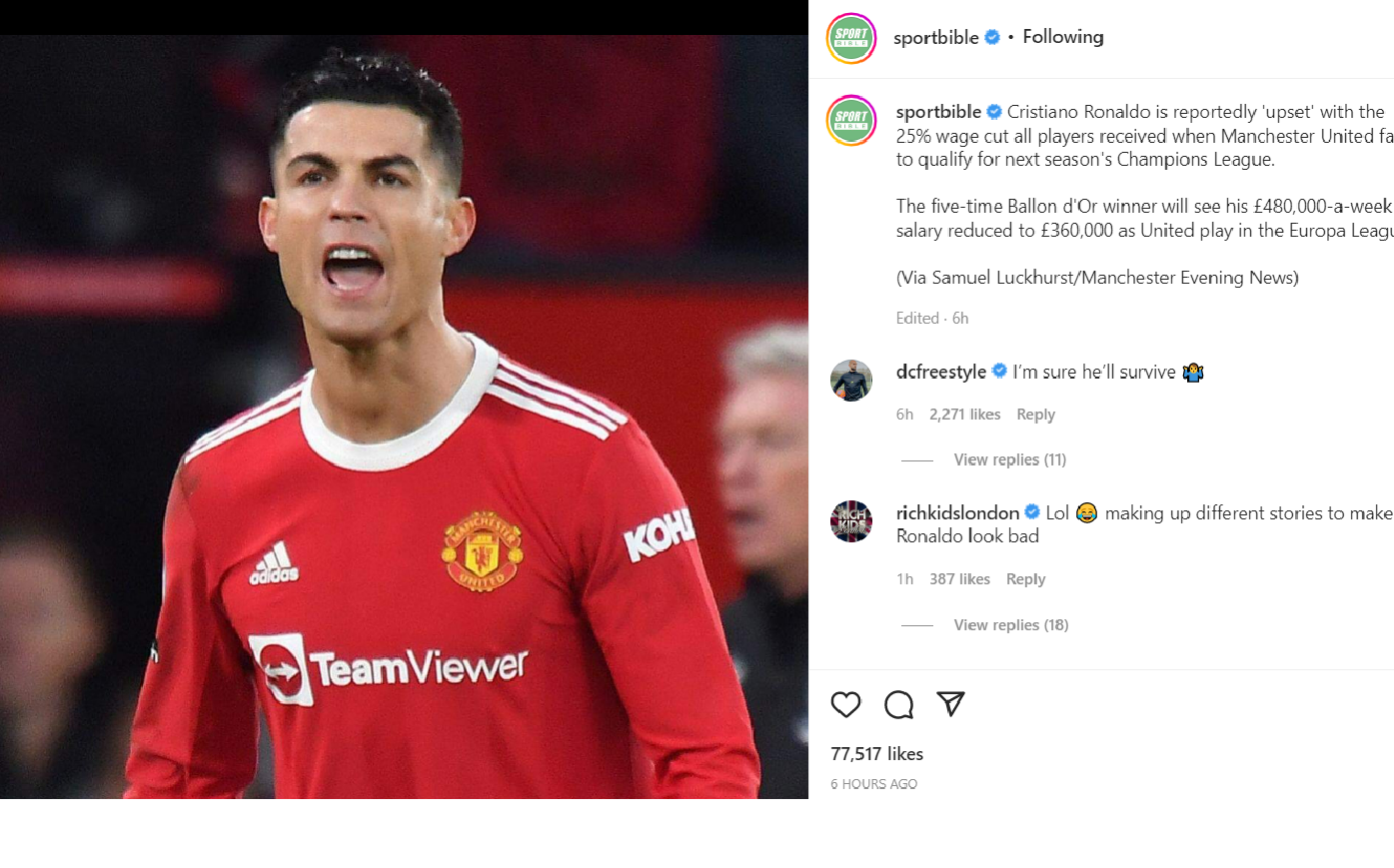 Ce au scris cei de la Sport Bible pe Instagram despre situația lui Cristiano Ronaldo la Manchester United