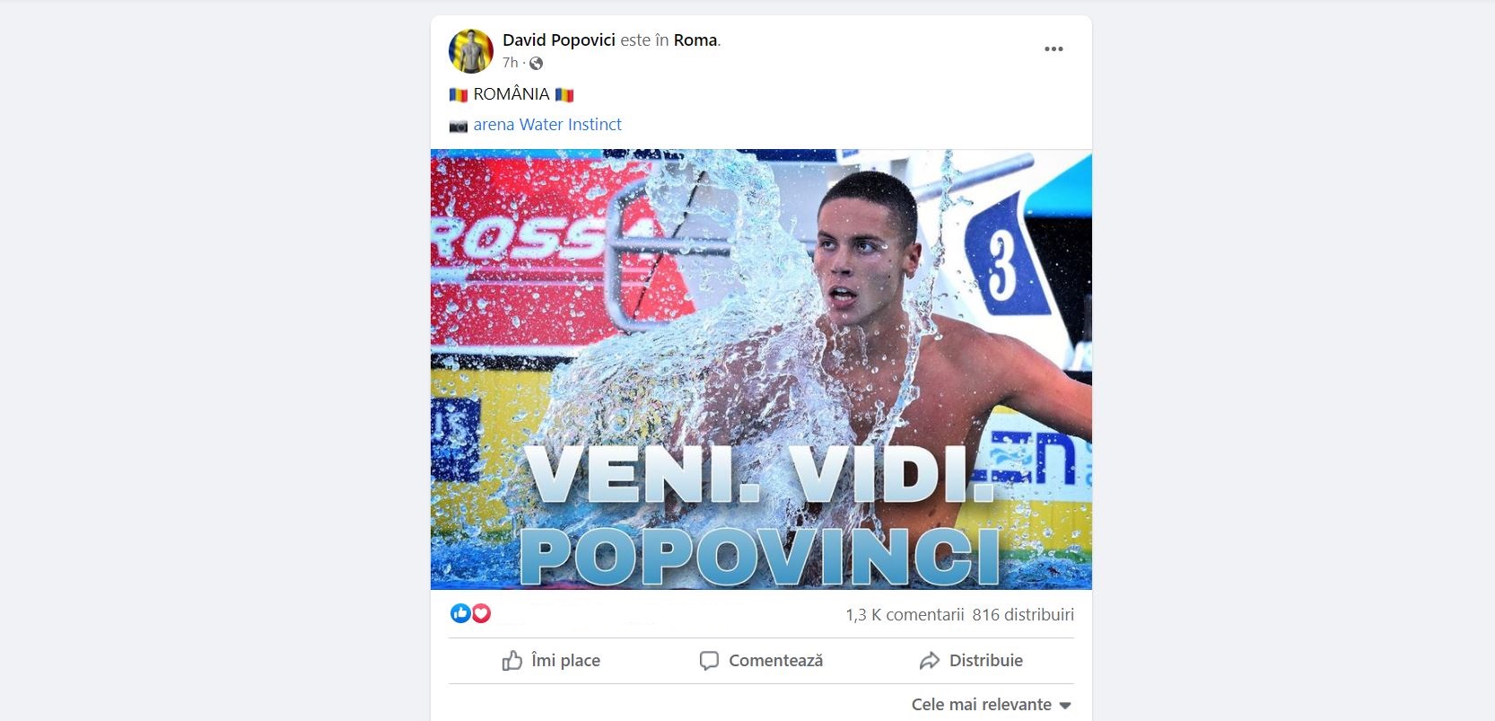 David Popovici, mesaj pe rețelele de socializare. Sursa foto: Facebook.com/chlorinedaddy