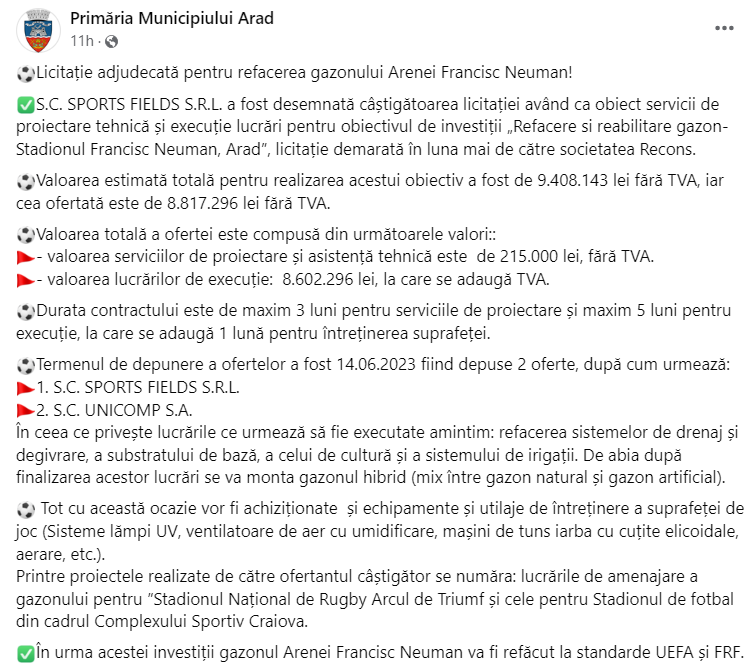 Comunicat Primăria Municipiul Arad - Sursa Pagina Oficială de Facebook