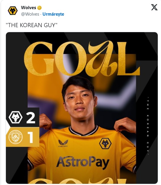 Postarea făcută de Wolves pe Twitter după golul lui Hwang