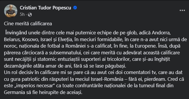 Postarea lui TP de după Israel - România