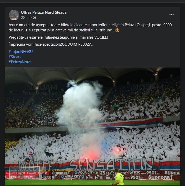 Toate biletele din peluza FCSB pentru derby s-au vândut